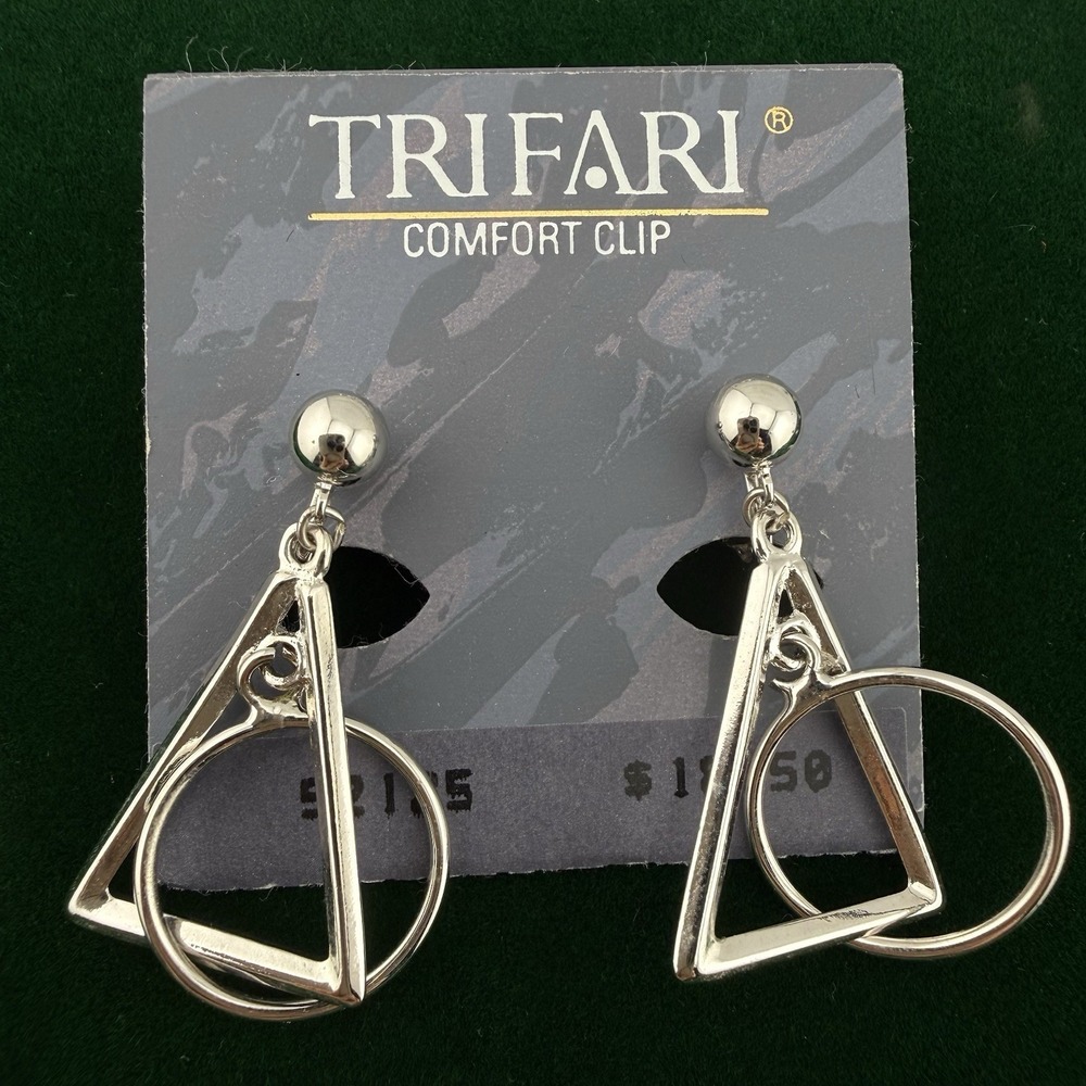 Vintage Trifari Silver Tone Dangle Geometric Mod Open Clip On Earrings 1.5" NOS